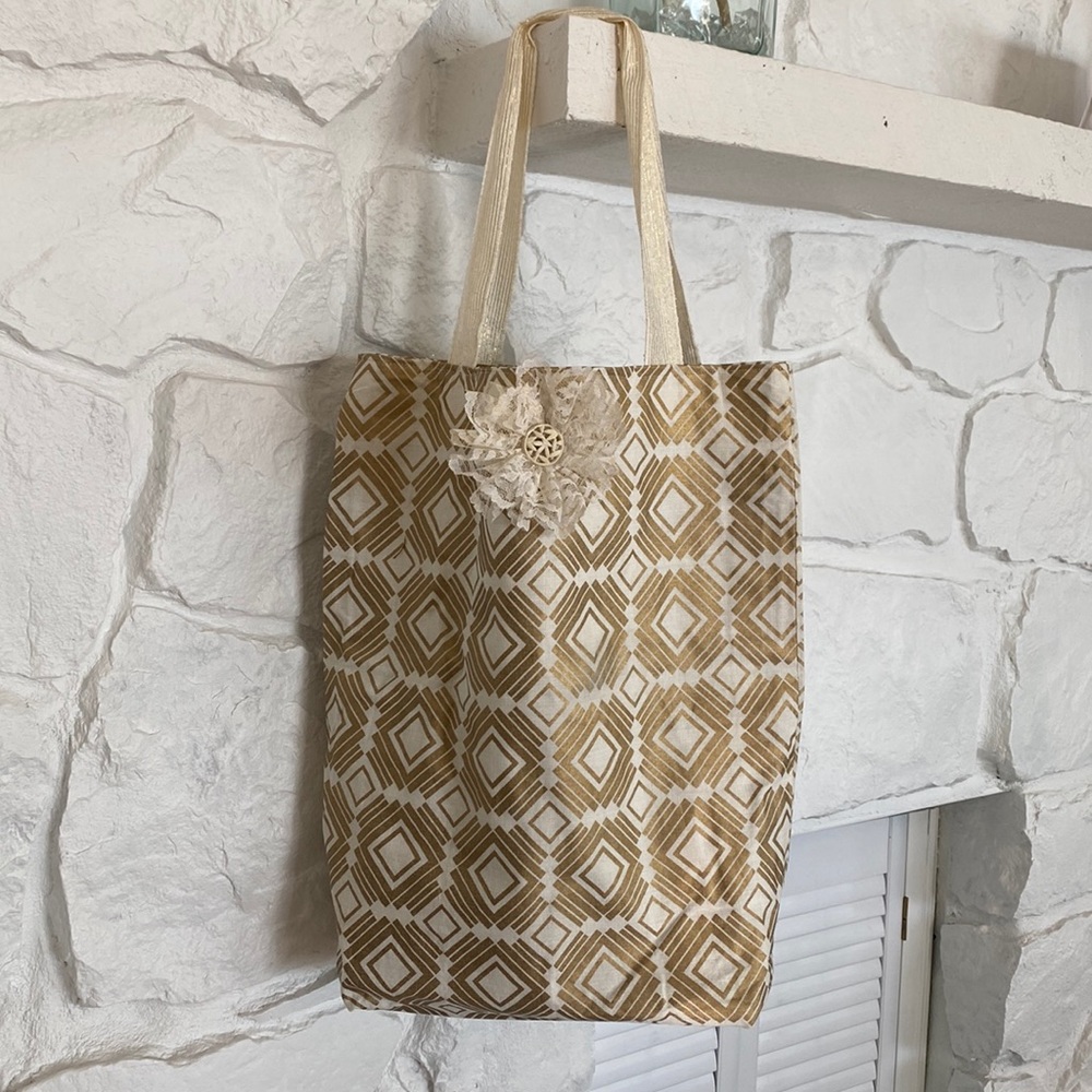 Gold cream handcrafted bag soft ribbon handles lined reversible